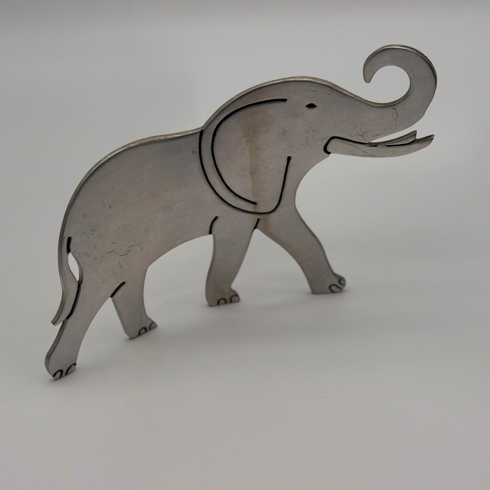 Hallmark Modernist Curved Silver Metal Elephant Trunk Up Signed 11 In Good Luck